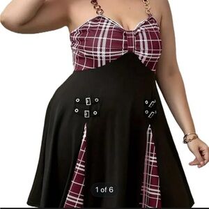 Stylish Plaid and Black Dress with Chain Straps